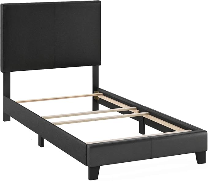 FURINNO Pessac PU Leather Upholstered Platform, Twin, Black