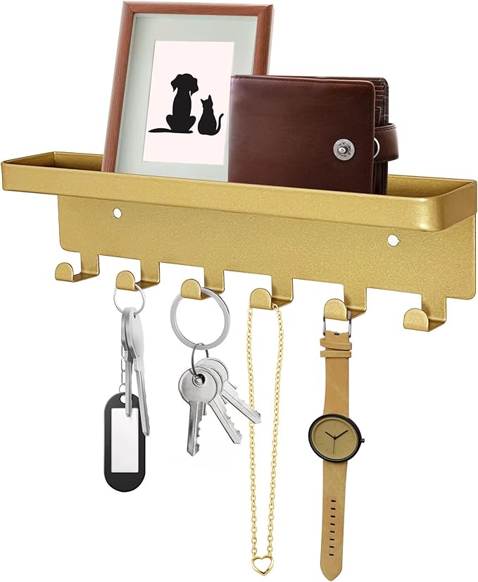 GTK Key Holder for Wall, Key Hooks with Tray and 6 Hooks, Wall Mounted Key Holder for Hallway, Key Rack with Shelf for Mail Storage (Gold)