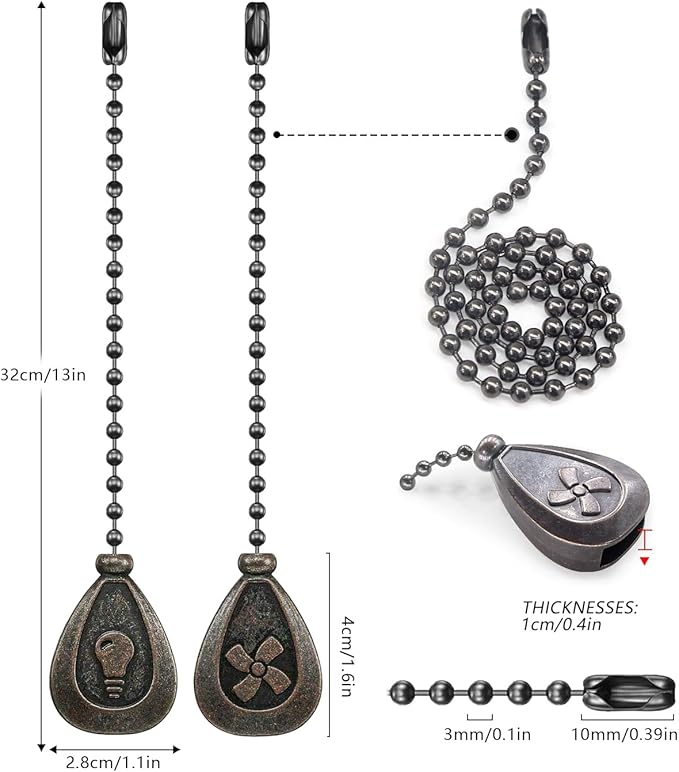 Bronze Ceiling Fan Pull Chain Set, Decorative Pull Chain Pendant Extension, 12 Inches Lighting & Fan Beaded Ball Fan Pull Chain Extender with Connector (2 Pack)
