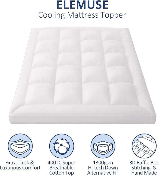 ELEMUSE 1300 GSM Mattress Topper Queen with Baffle Box Design,Extra Thick Cooling Pillow Top Pad, 400TC Cotton Cover, Plush & Support Snow Down Alternative, White