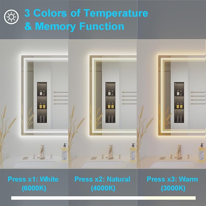 24x32 Inch LED Mirrors for Bathroom, Threefold Brightness 2 Front Lights + 1 Back Lit Mirrors for Bathroom Wall Restroom with Anti-Fog, 3Colors Stepless Adjusted, Safer Tempered Glass, Memory Function