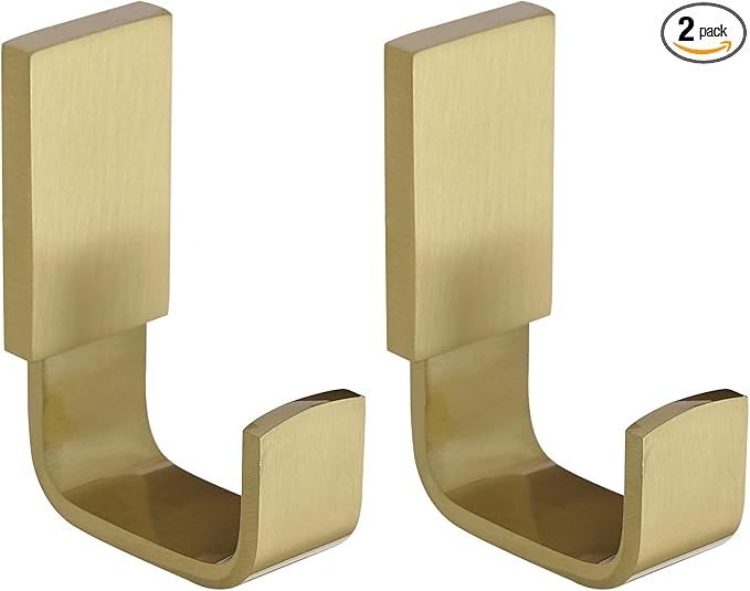 BESy Brass Clothes Hook Single Towel Hook for Bathroom Kitchen Garage Square Style Robe Hooks Coat and Hat Hook, Self Adhesive with Glue or Wall Mounted with Screws, Two Packs, Brushed Gold