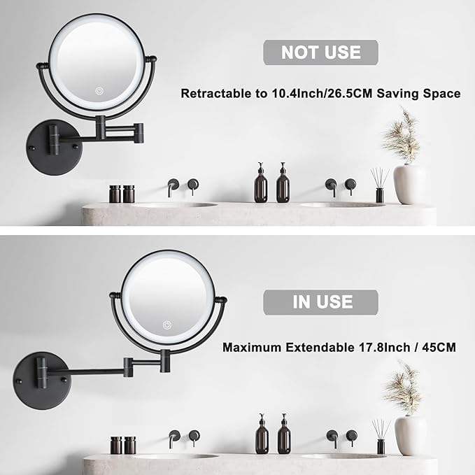 8" Wall Mounted Lighted Makeup Vanity Mirror with 3 Color Lights Stepless Dimming, 1X/10X Magnifying LED 2-Sided Bathroom Touch Sensor Extendable Arm 360 Swivel Shaving Mirror Hardwired, Matte Black