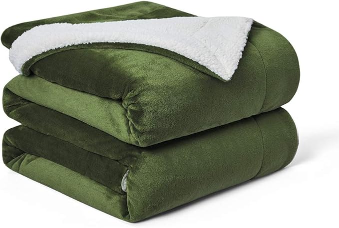 Walensee Sherpa Fleece Blanket (Throw Size 50”x60” Olive Green) Plush Throw Fuzzy Super Soft Reversible Microfiber Flannel Blankets for Couch, Bed, Sofa Ultra Luxurious Warm and Cozy for All Seasons