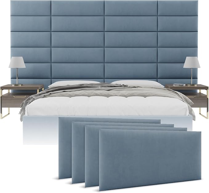 Vänt Upholstered Wall Panels - King/Cal King Size Wall Mounted Headboards - Micro Suede Blue - Twin/King - Set of 4 Panels (Each Individual Panel 39"x11.5")