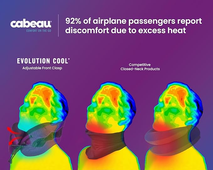 Evolution Cool Travel Neck Pillow by Cabeau - Cooling Airflow Vents, Memory Foam Neck Support, and Adjustable Clasp - Comfort On-The-Go with Carrying Case - Airplane, Train, Car, and Gaming (Blue)