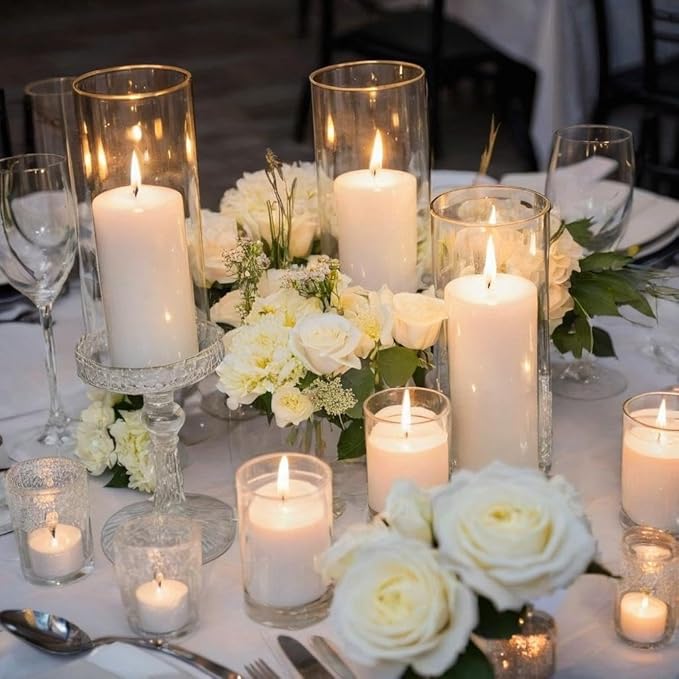 Set of 6 White Pillar Candles and Hurricane Candle Set, Clear Cylinder Vases Pillar Candle Holders for Pillar Candles, Glass Candle Holders for Party, Table, Home Decor, Wedding Centerpieces