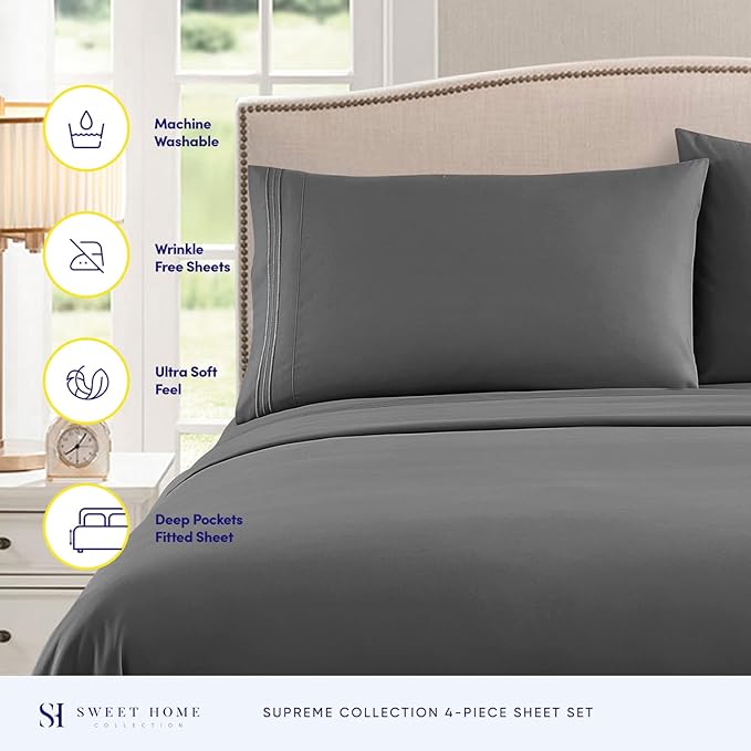 Twin Sheets - Breathable Luxury Sheets with Full Elastic & Secure Corner Straps Built In - 1800 Supreme Collection Extra Soft Deep Pocket Bedding Set, Sheet Set, EXTRA DEEP pocket - Twin, Gray