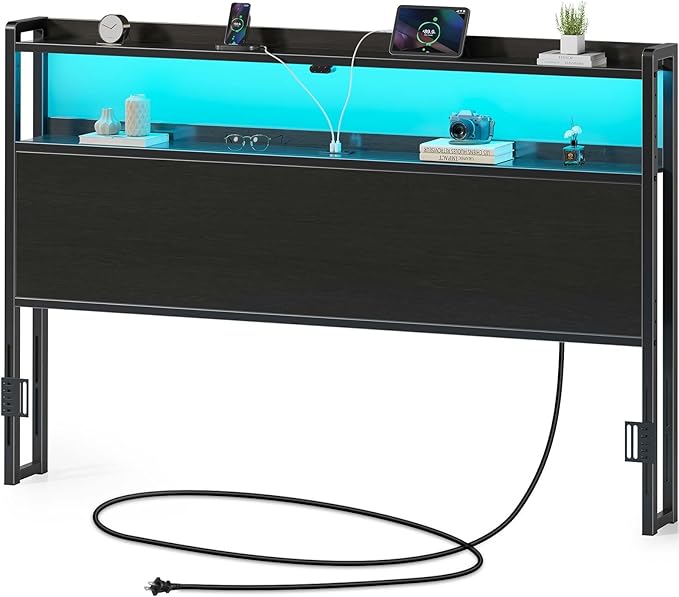 Rolanstar Headboard for Queen Size Bed with Storage, 60,000 DIY Color of LED Light, Head Board with USB & Type C Port, Height Adjustable, Black Cabeceras de Cama Comfortable Modern, Wood