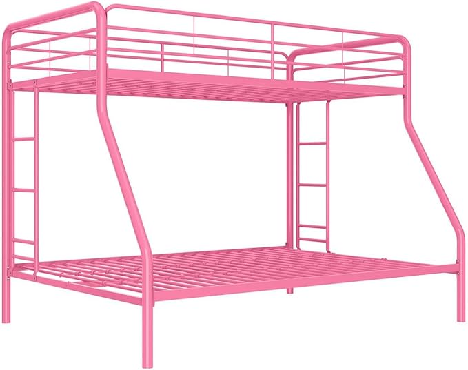 DHP Dusty Metal Bunk Bed Frame, Twin-Over-Full for Kids, Teens, Adults, Angled Ladder, Guardrail, No Boxspring, Small Spaces, Pink