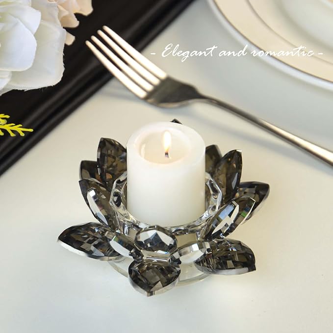 Lotus Black Crystal Tea Candle Holder Crystal Wishing Tealight Candlestick Stand Exquisite Desktop Decoration Holiday Celebration Wedding Restaurant Party Atmosphere Decoration (4 Pcs, Dark Grey)