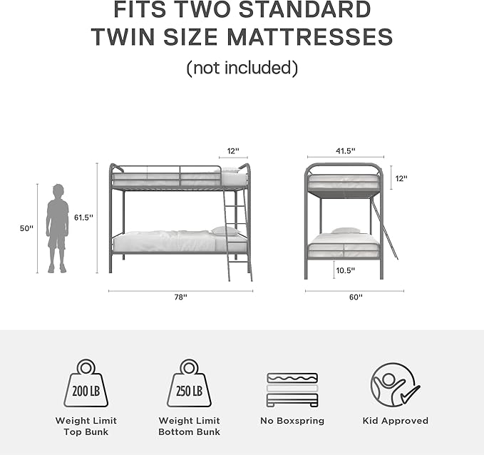 DHP Twin-Over-Twin Bunk Bed with Metal Frame and Ladder, Space-Saving Design, Silver Twin/Twin