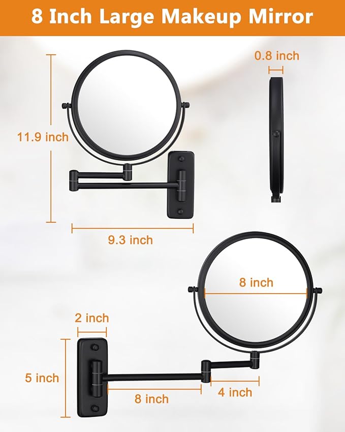 Wall Mounted Makeup Mirror - 1X/10X Magnifying Mirror for Wall, 8 Inch Double Sided 360° Swivel Extendable Bathroom Mirror for Shaving, Black