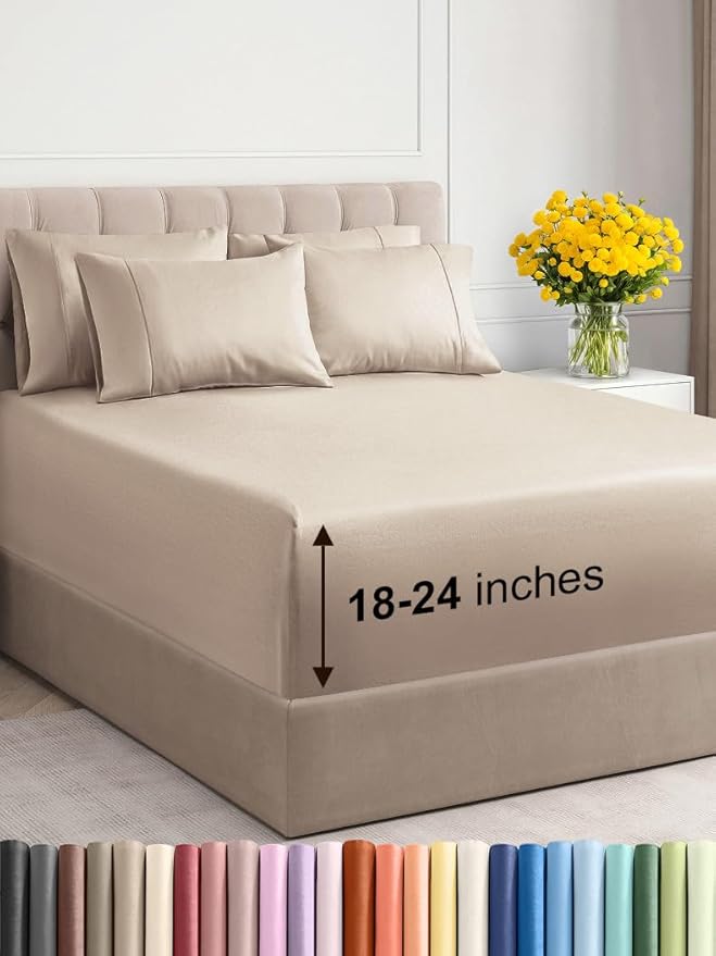 Extra Deep Cal King Sheet Set - 6 Piece Breathable & Cooling Sheets - Hotel Luxury Bed Sheets Set - Easy & Secure Fit - Soft, Wrinkle Free & Comfy Sheets Set - Wheat Sheet Set with Extra Deep Pockets
