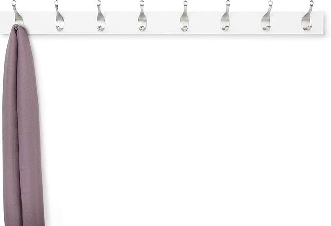 Amazon Basics Wall Mounted Modern Coat Rack with Versatile Storage Hooks, Rectangular, 8-Hook, White