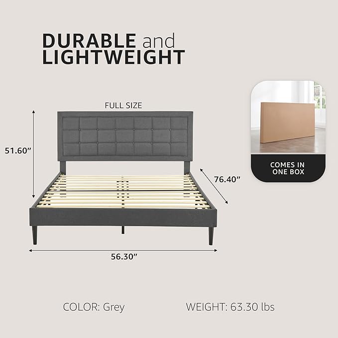 Decoro Mornington Upholstered 2.0 Platform Bed, Button-Tufted Fabric Headboard and Metal Frame with Wood Slat Support, Light Grey, Full