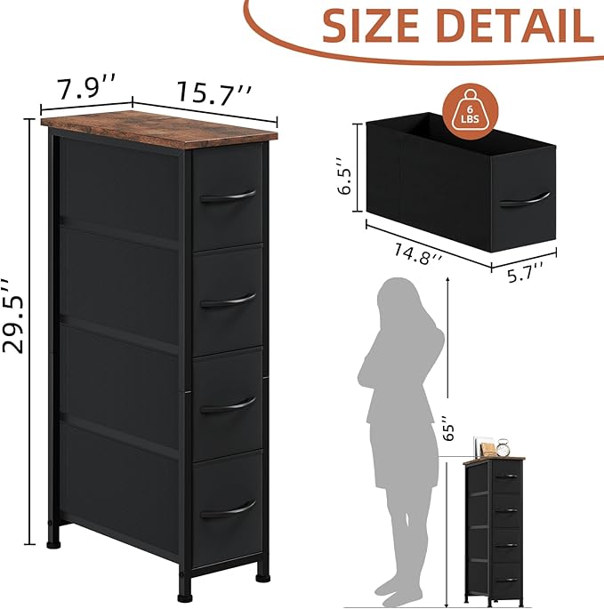 Somdot Narrow Dresser with 4 Drawers, Slim Storage Chest of Drawers with Removable Fabric Drawers for Closet Small Spaces Bathroom Bedroom Laundry, Black Rustic Brown Top
