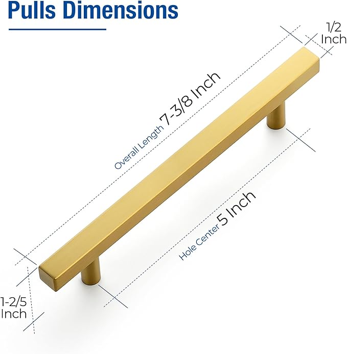 JOY DECOR 10 Pack 5 Inch Brushed Brass Square Cabinet Handles Stainless Steel Cabinet Hardware Pulls for Kitchen and Drawers with 7-3/8 Inch Overall Length