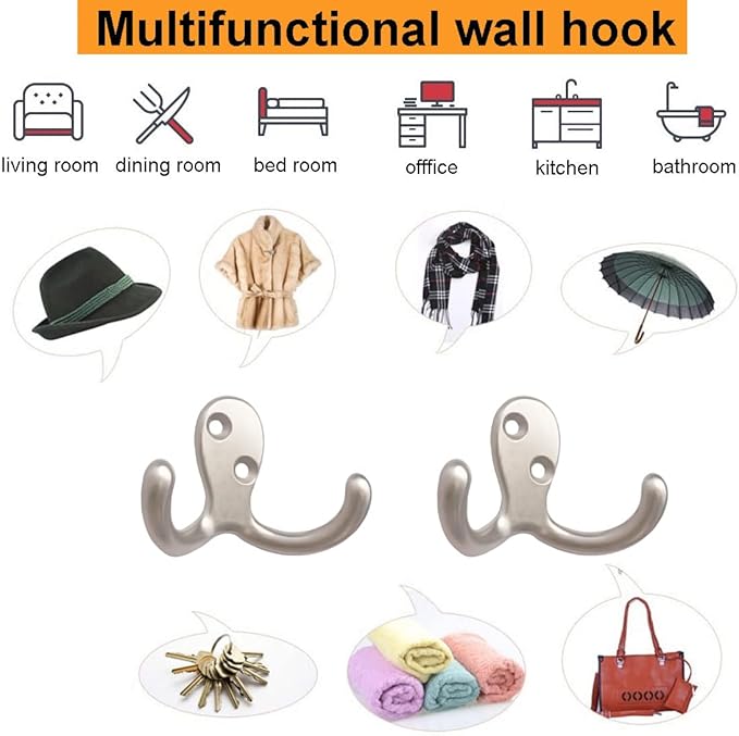 10pcs Coat Hooks Hardware, Wall Hooks Heavy Duty Hooks for Hanging Coats Double No Rust Hook Wall Mounted for Key, Towel, Bags, Cup, Hat (Silvery)