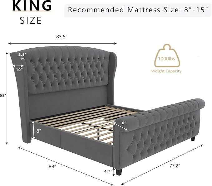AMERLIFE King Size Platform Bed Frame, Velvet Upholstered Sleigh Bed with Scroll Wingback Headboard & Footboard/Button Tufted/No Box Spring Required/Grey