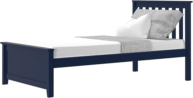 Max & Lily Twin Bed Frame with Slatted Headboard, Solid Wood Platform Bed for Kids, No Box Spring Needed, Easy Assembly, Blue