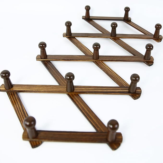 AMAPON Accordion Style Expandable Wall Wooden Coat Rack 13 Hooks (Pegs) Hang Hats Jackets Coffee Mug Purses Necklaces Towels Cap Leash Scarves Data Line Kitchenware (Walnut Color 2 Pack)