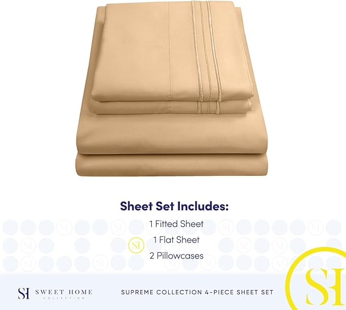 RV Queen Bed Sheets - Breathable Luxury Sheets with Full Elastic & Secure Corner Straps Built In - 1800 Supreme Collection Extra Soft Deep Pocket Bedding Set, Sheet Set, RV Short Queen, Camel
