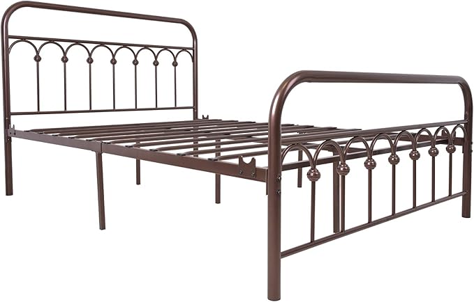 TUSEER Metal Bed Frame Full Size with Vintage Headboard and Footboard Platform Base Wrought Iron Double Bed Frame (Antique Brown,Full).