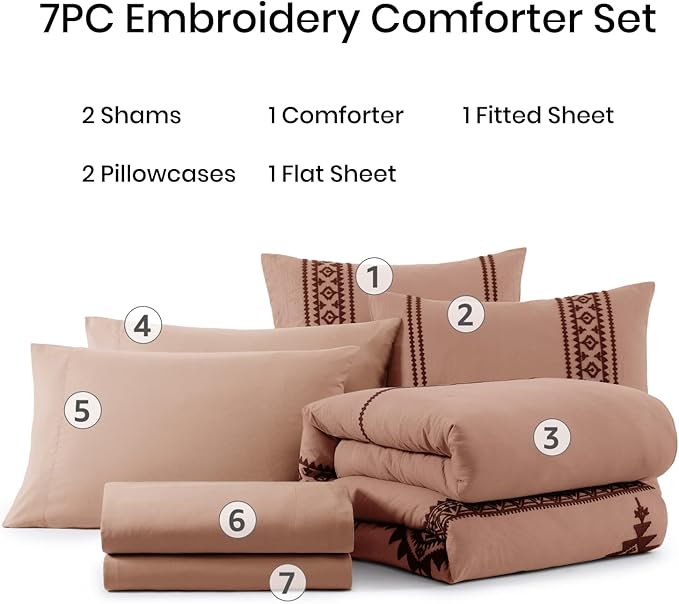 MaiRêve Embroidery Queen Size Comforter Set Dusty Pink, Boho Farmhouse Western Bedding Set 7 Pieces, All Season Bed in A Bag Comforter Set with Sheets, Pillowcases & Shams