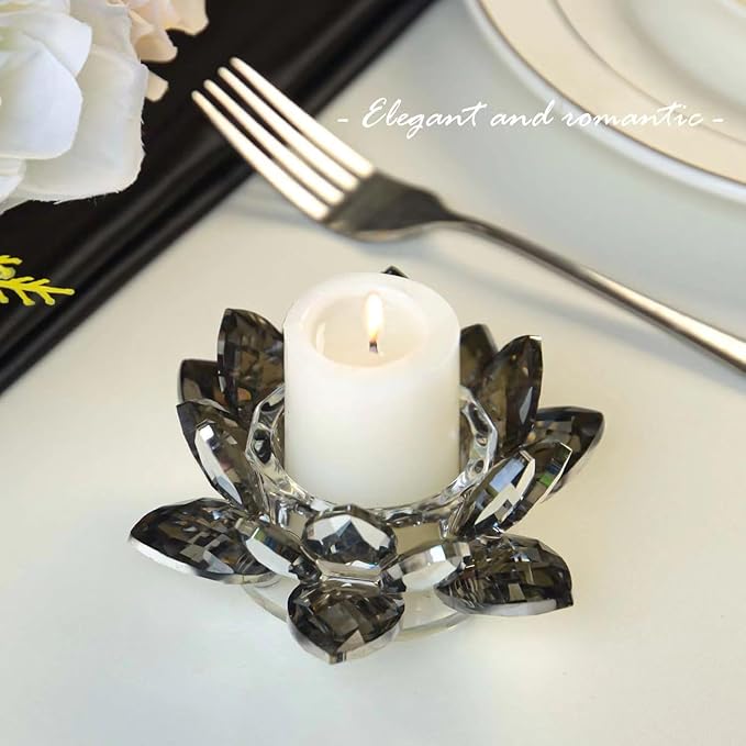 Crystal Lotus Flower Tealight Candle Holders/Glass Tea Light Candlestick Decor Decoration for Christmas Home Wedding Party… (1, Black 1pc)
