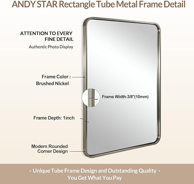 ANDY STAR 40x36 Inch Brushed Nickel Bathroom Mirror, Rounded Rectangle Bathroom Vanity Mirrors for Wall, Anti-Rust SUS304, Seamless Tube Metal Frame, 1’’ Deep Wall Mounted Vertically/Horizontal