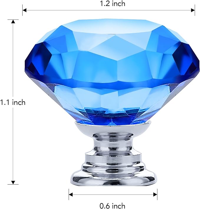 Ravinte 5 Pack Blue Crystal Knobs for Dresser Drawers - 30 mm Glass Cabinet Diamond Shaped Knobs With Silver Base