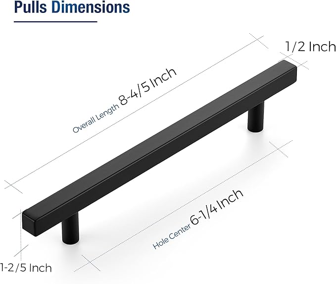 JOY DECOR 30 Pack 6-1/4 Inch Matte Black Square Cabinet Handles Stainless Steel Cabinet Hardware Pulls for Kitchen and Drawers with 8-13/16 Inch Overall Length
