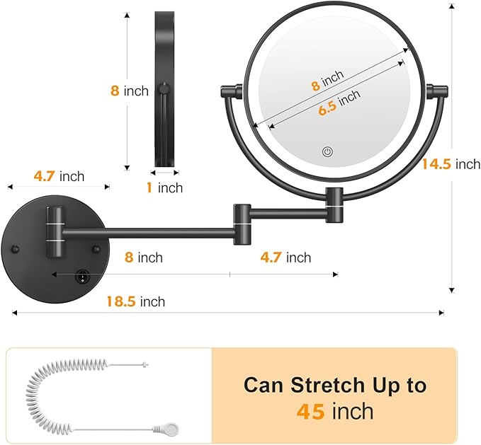 FASCINATE Upgraded Wall Mounted Makeup Mirror with Lights, Super Large Double Sided 1X/10X Magnifying Mirror for Bathroom, 360° Swivel Extendable Plug Touch Sensor Vanity Mirror