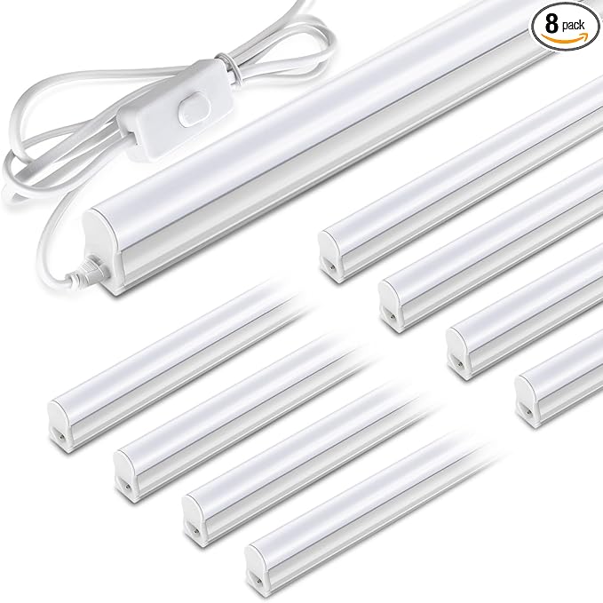 Pak 4FT LED Shop Lights, 2300LM 6500K Cool White, 20W Energy Efficient Linkable Ceiling and Under Cabinet Lighting, T5 Integrated Utility Fixture for Garage, Workshop, Basement, FCC Certified, 8 Pack