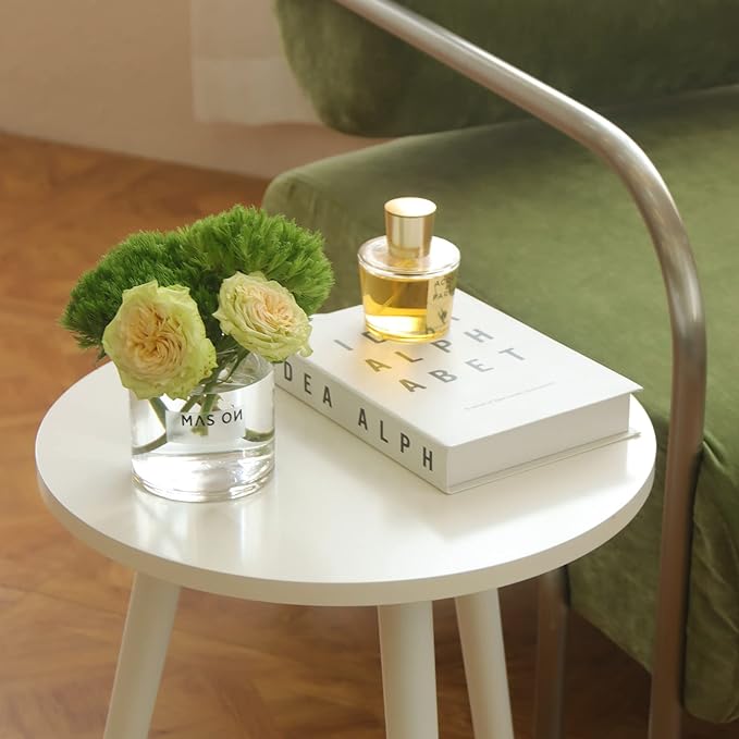 AWASEN Round Side Table, Small End Table Nightstand Accent Table for Living Room Bedroom Office Small Spaces, 16''D x 19.5''H (White & Gold)