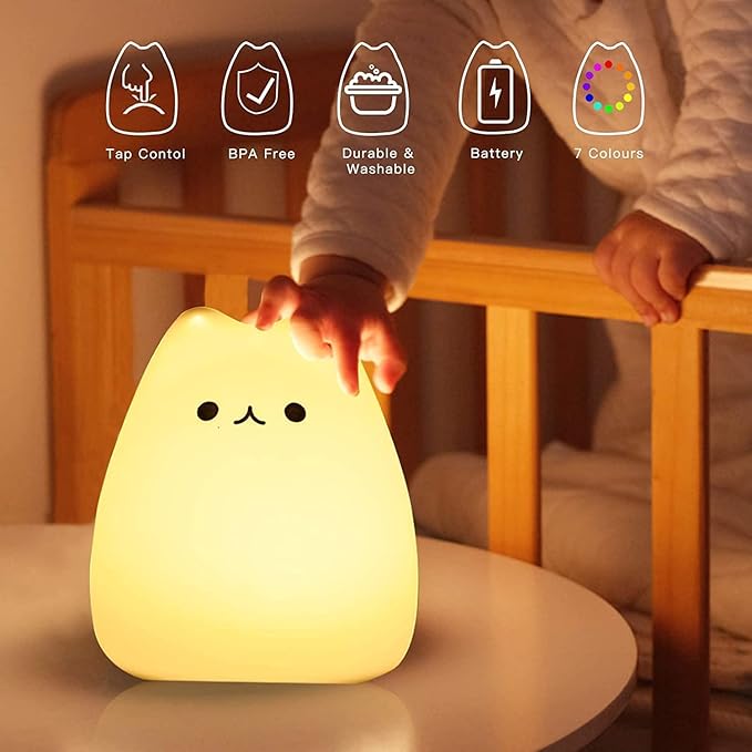 ZKLiLi cat Night Light, Cute Nursery Lights USB Rechargeable Cat Lamp Nightlight Birthday Christmas Gift with Warm White and 7-Color Breathing Modes for Kids Baby Children (USB Charging)