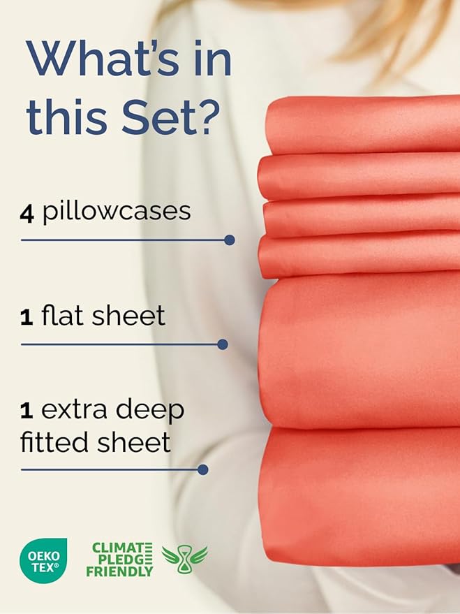 Extra Deep Queen Sheet Set - 6 Piece Breathable and Cooling Sheets - Hotel Luxury Bed Sheets Set - Easy & Secure Fit - Soft, Wrinkle Free and Comfy Sheets Set - Coral Sheet Set with Extra Deep Pockets