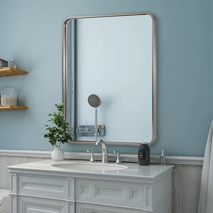 ANDY STAR Brushed Nickel Bathroom Mirror, 30x36’’ Rounded Corner Rectangle Nickel Mirror Bathroom Vanity Mirror Tube Metal Framed, SUS304-Anti-Rust Wall-Mounted Horizontal/Vertical 1’’ Deep