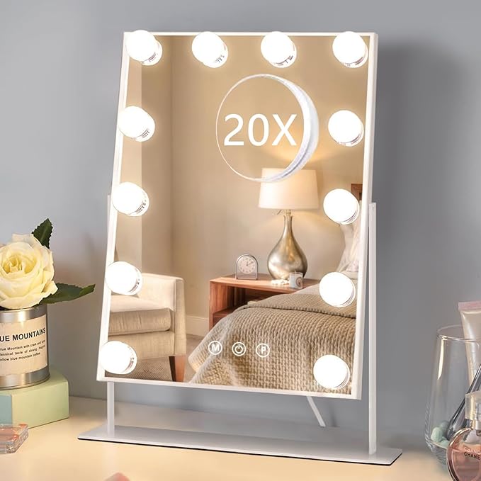 HIEEY Hollywood Makeup Mirror with 12 Dimmable Bulbs Lights, Three Color Lighting Modes, with 4in 20X Magnification Mirror, Smart Touch Control, 360°Rotation (White,Gift Box)