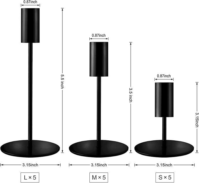 Matte Black Taper Candlestick Holders,Taper Candle Holders Set of 15,Metal Taper Candle Sticks Stand Holders,Modern Decorative Candle Holders for Wedding Certerpieces,Festive, Mantel,Home,Party