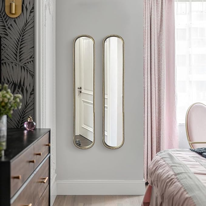 Long Skinny Mirror for Wall,Gold Narrow Oval Mirror for Entryway Bath,Metal Frame with Gold Decor Mirrors,7.9X 44 2-Pack