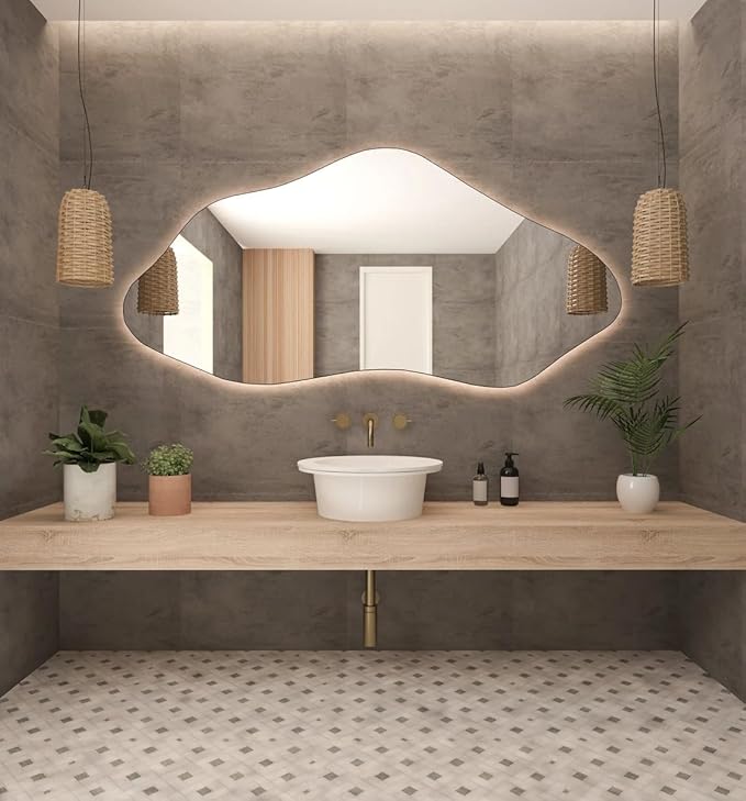 Asymmetrical Bathroom LED Mirror, Modern Irregular Shape Wall Mirror with LED Lights, Frameless Aesthetic Backlit LED Illimunated Vanity Mirror (55" x 27" inc)
