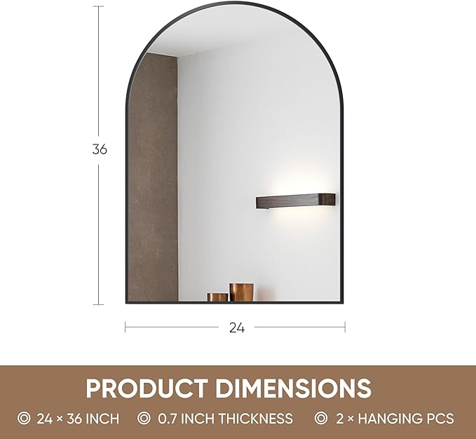 Antok Bathroom Mirror,36"x24" Wall Mirror, Decorative Mirrors Vanity Mirror Aluminum Alloy Frame Contemporary Hanging Mirror for Living Room Bathroom Entryway,Black,Arched