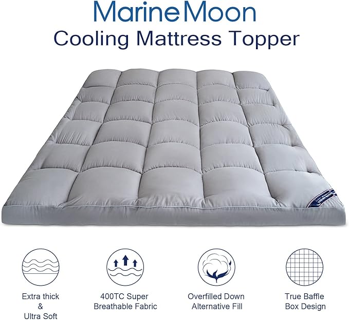 Marine Moon King Mattress Topper Cooling Extra Thick Plush Pillow Top Mattress Pad Hotel Quality Down Alternative for King Size Bed, Soft Bed Toppers for Back Pain, Grey