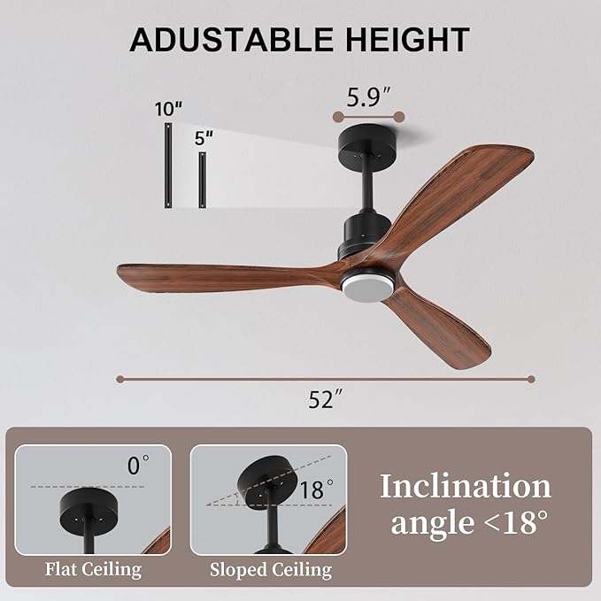 Obabala 52 Inch Ceiling Fans with Lights and Remote Control-Outdoor Ceiling Fan with Light 3 Walnut Wood Blade for Bedroom Living Room Indoor Farmhouse Patio, Reversible Noiseless DC Motor