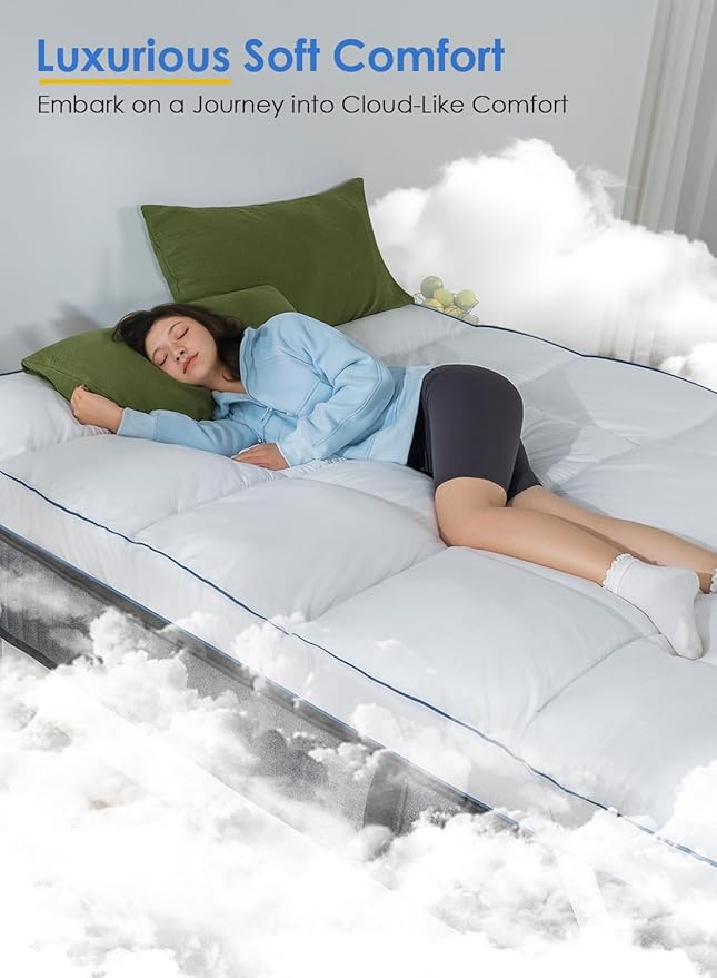QUEEN ROSE Mattress Topper Twin Size, Pillow Top Extra Thick Mattress Pad, Soft Baffle Box Overfilled Down Alternative for Back Pain, 4 Corner Straps, White