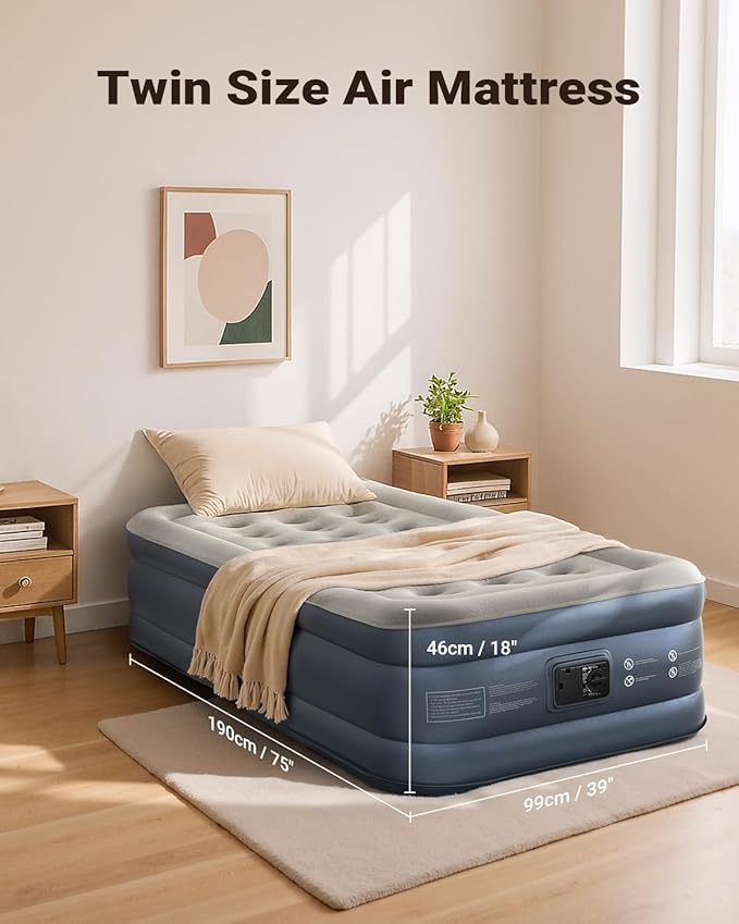 iDOO Twin Air Mattress with Built in Pump, 18" Raised Compact Blow up Mattress, Inflatable Mattress for Camping Guest Home, Portable Travel Air Bed, 2-Min Quick Inflation Deflation, Colchon inflable