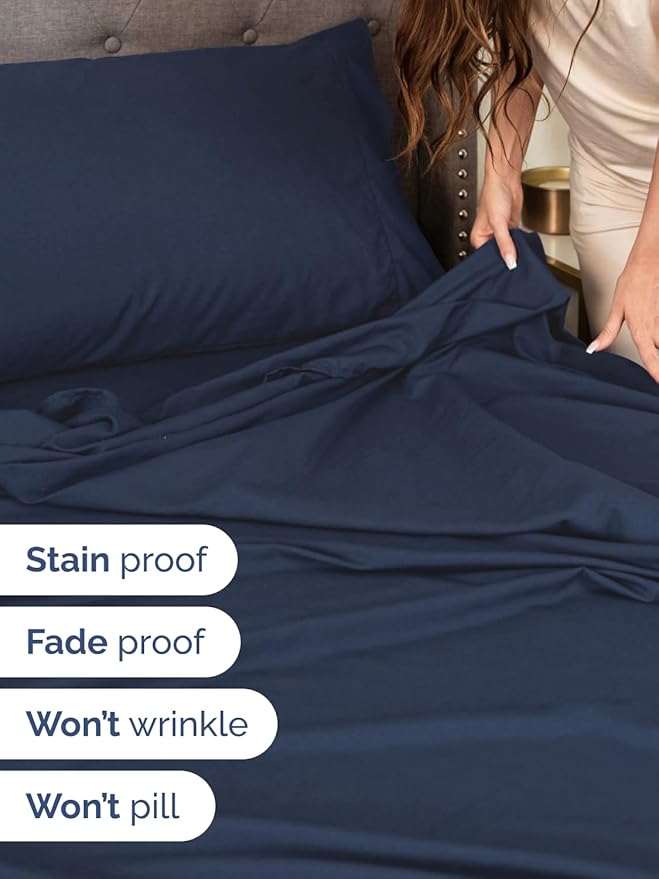 Extra Deep Split King Sheet Set - 7 Piece Breathable and Cooling Sheets - Hotel Luxury Bed Sheets Set - Easy Fit - Soft, Wrinkle Free and Comfy Sheets Set - Navy Blue Sheet Set with Extra Deep Pockets