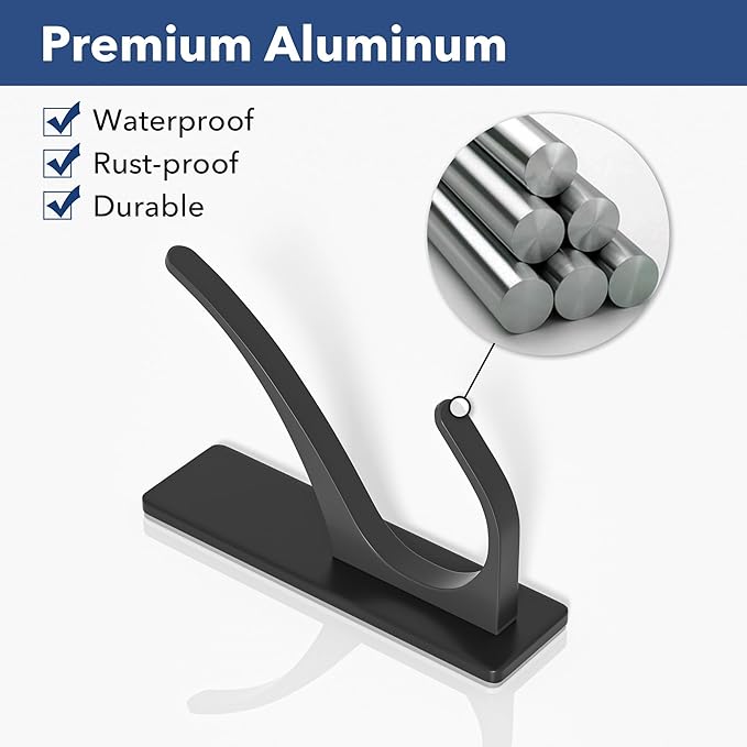 pickpiff Self Adhesive Coat Hooks for Hanging, Heavy Duty Stainless Double Wall Hook for Towel, Backpack, Hat, Sturdy Metal Hanger for Bathroom, Bedroom, Door, Wall Mounted, 10 Pack, Matt Black